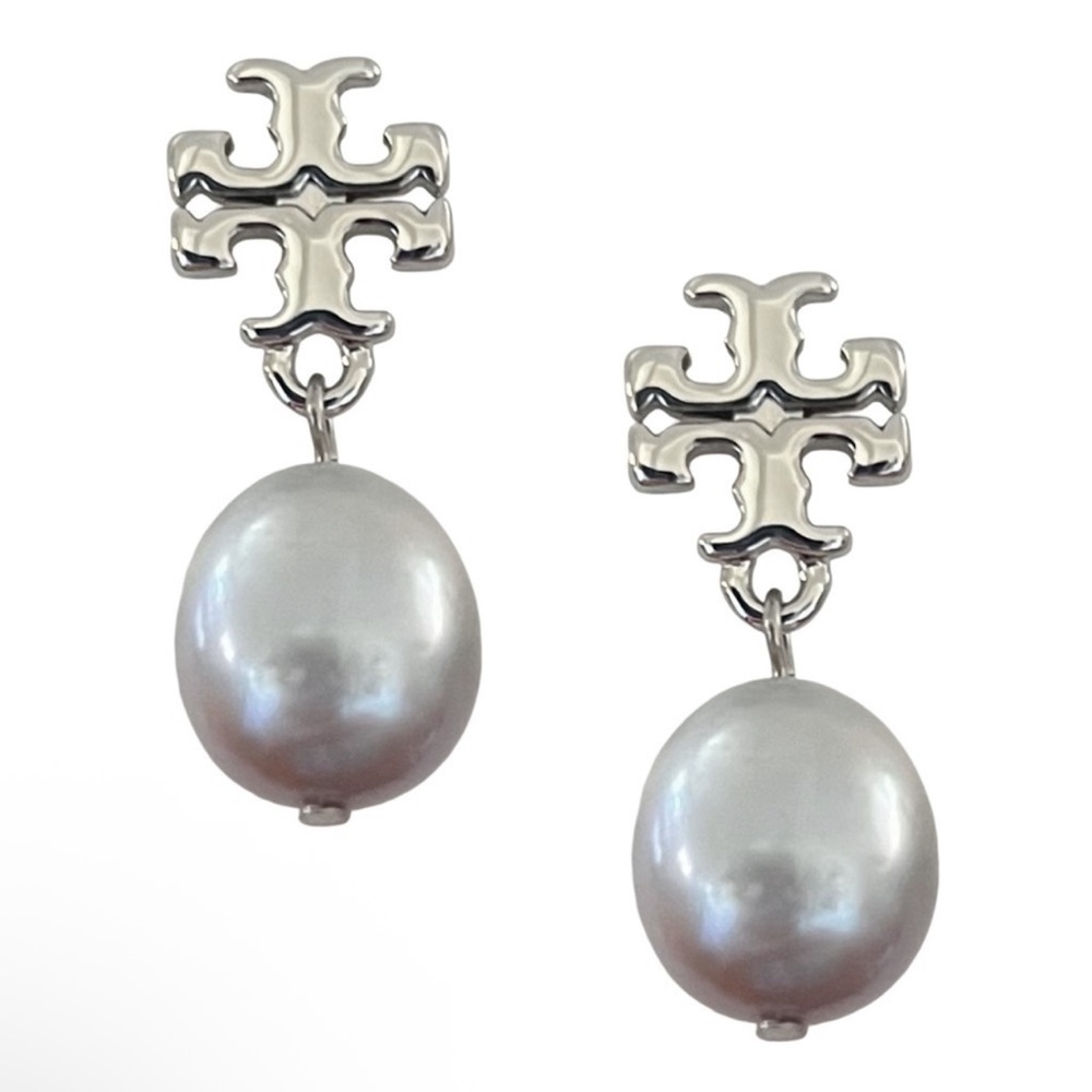 Tory Burch • Silver Kira T pearl drop earrings New on Card $149
